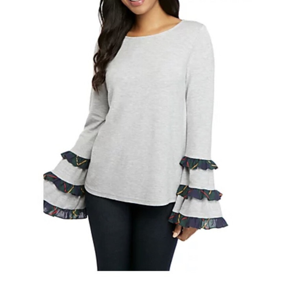 Crown & Ivy Tiered Plaid Ruffle Bell Sleeve Sweater Gray Womens M